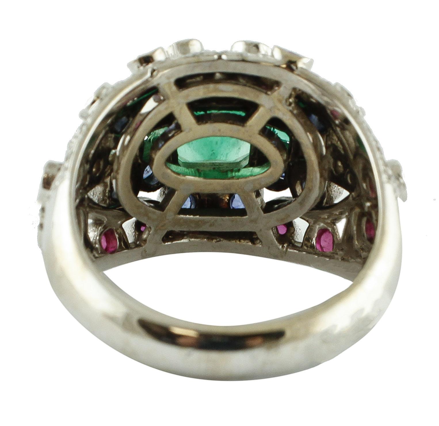 Retro Emeralds, Diamonds, Blue Sapphires, Rubies 18 Karat White Gold Cluster Ring For Sale
