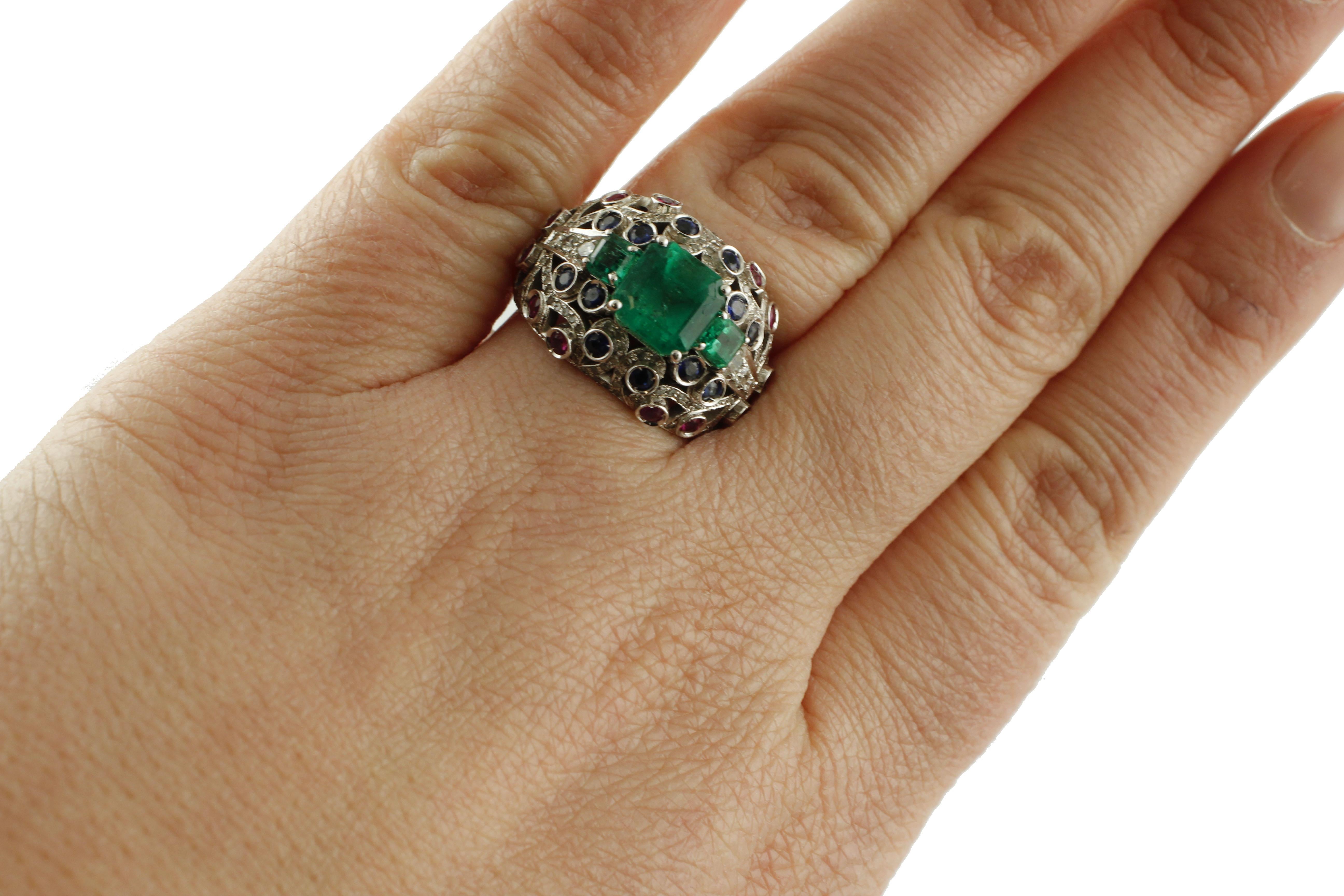 Women's Emeralds, Diamonds, Blue Sapphires, Rubies 18 Karat White Gold Cluster Ring For Sale