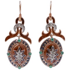 Emeralds, Diamonds, Enamel, 14 Karat Rose Gold and Silver Earrings.