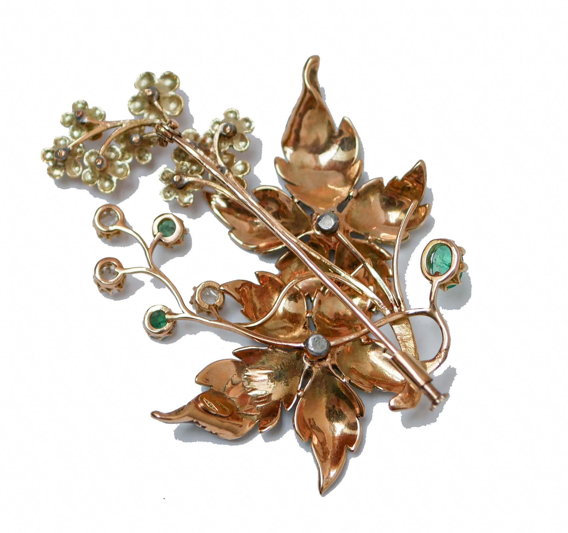Retro Emeralds, Diamonds, Enamel, 14 Karat Rose Gold Brooch. For Sale