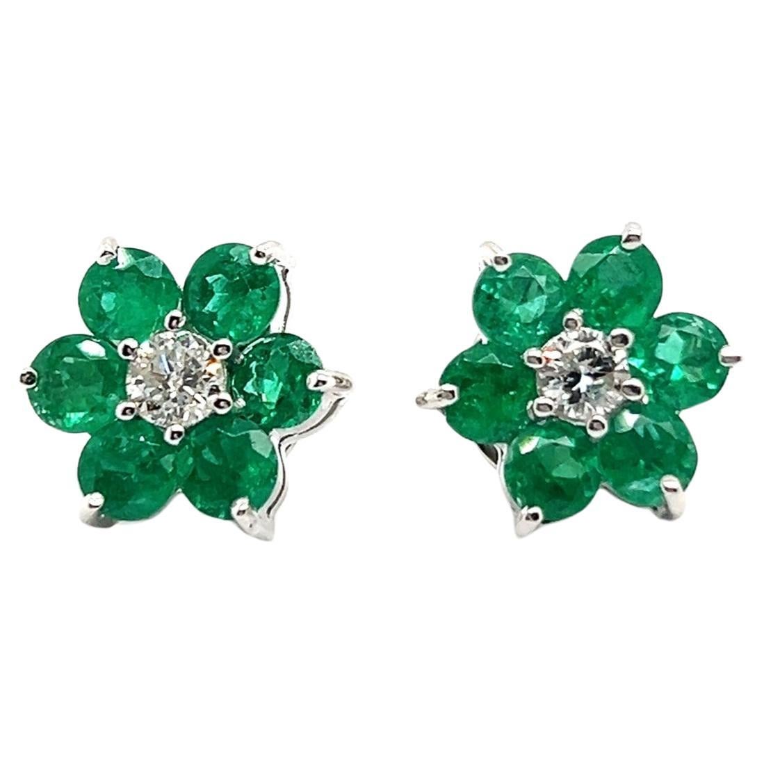 Emeralds & Diamonds Flower Stud Earrings in 18 Karat White Gold  For Sale