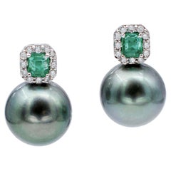 Emeralds, Diamonds, Grey Pearls, 18 Karat White Gold Stud Earrings