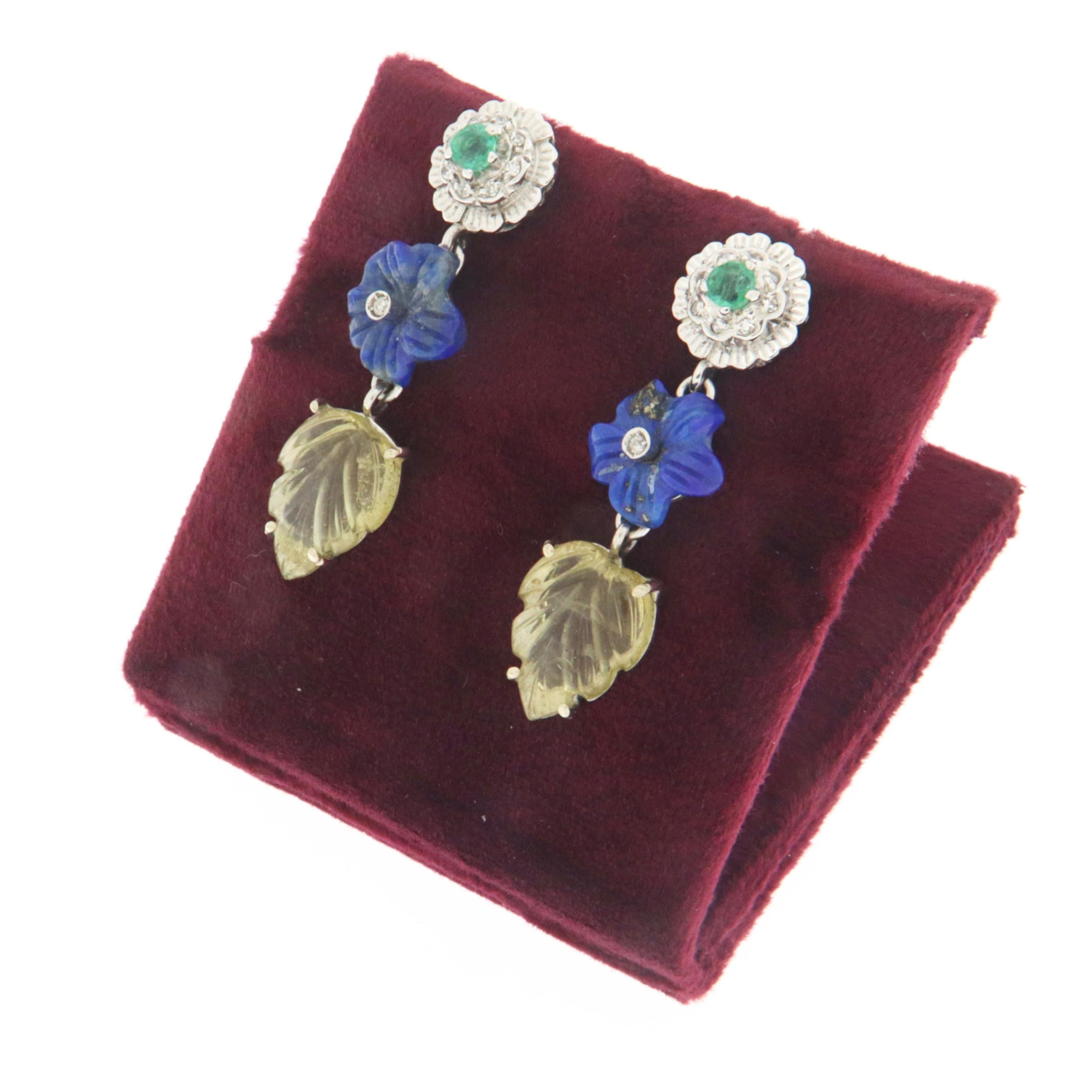 Emeralds Diamonds Lapislazuli Citrine White Gold 18 Karat Drop Earrings In New Condition For Sale In Marcianise, IT