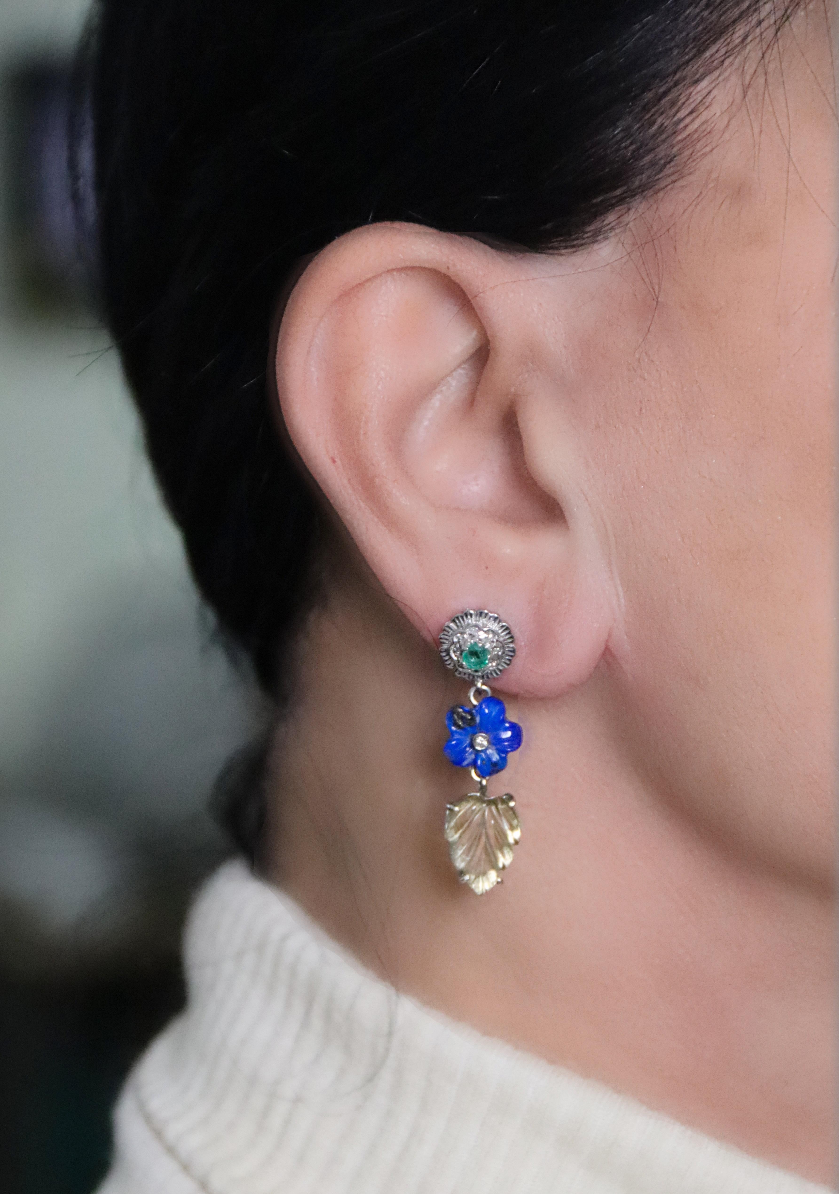 Emeralds Diamonds Lapislazuli Citrine White Gold 18 Karat Drop Earrings For Sale 1