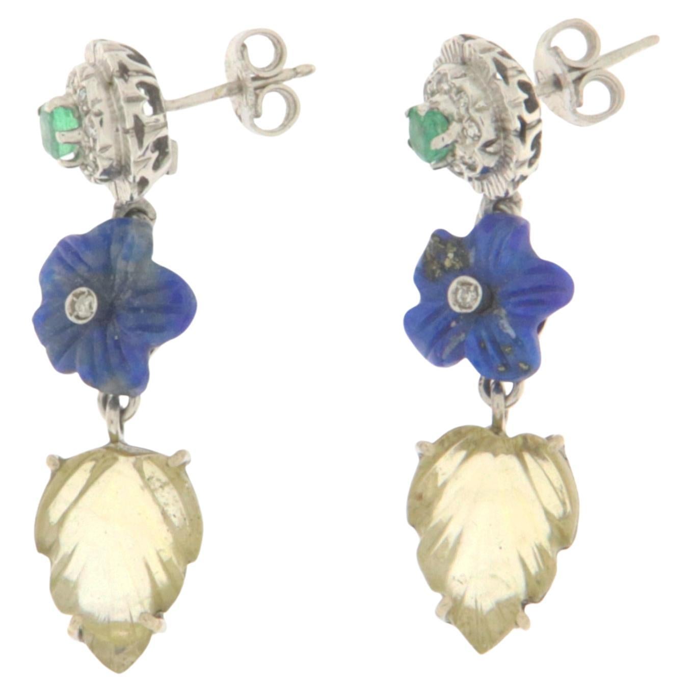 Boucles d'oreilles pendantes en or blanc 18 carats, émeraudes, diamants, lapislazuli et citrine 