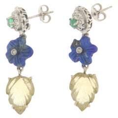 Boucles d'oreilles pendantes en or blanc 18 carats, émeraudes, diamants, lapislazuli et citrine 