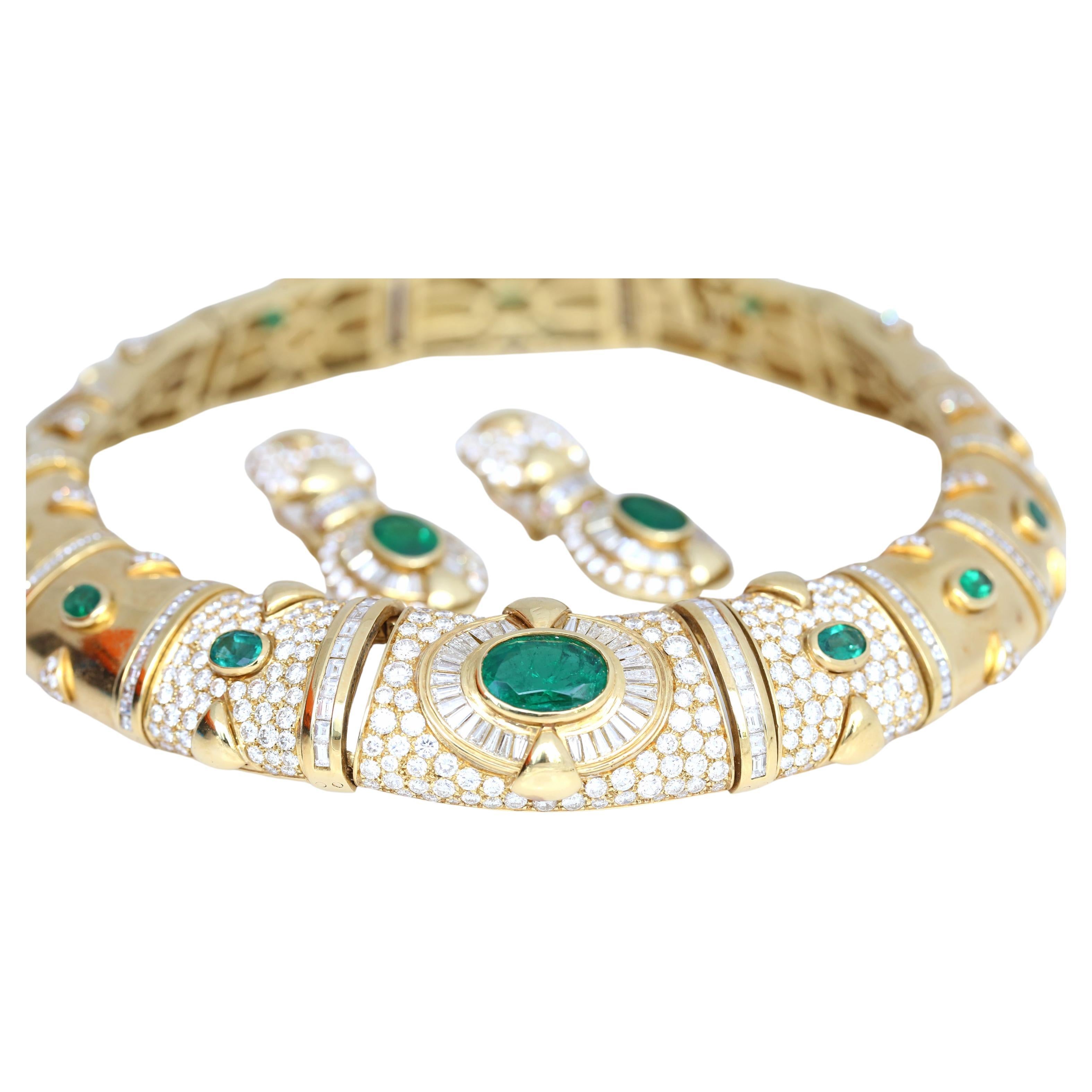 Emeralds Diamonds Necklace Earrings Set Yellow Gold 18K, 1984