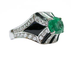 Emeralds, Diamonds, Onyx, 14 Karat White Gold Ring.