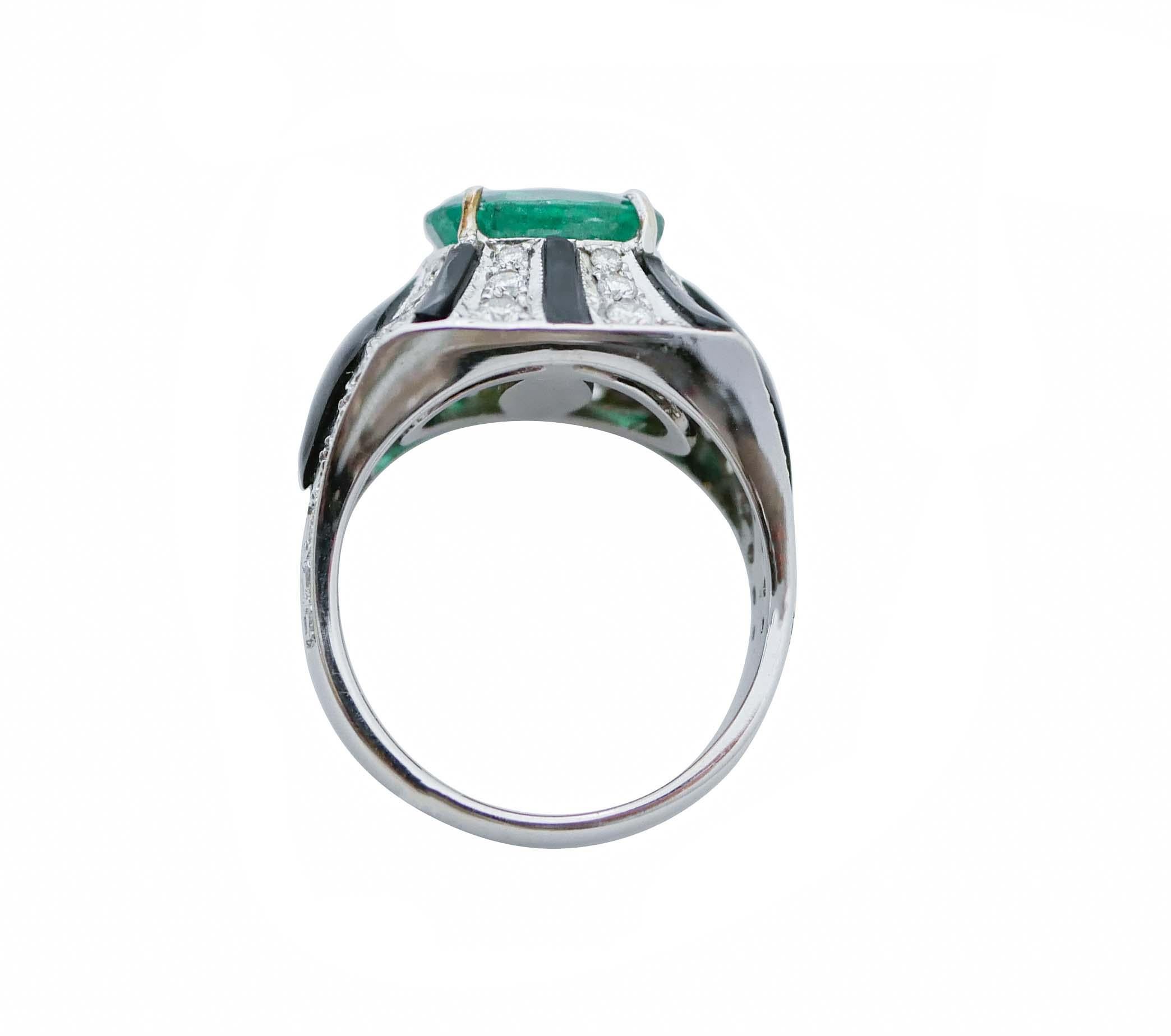 Retro Emeralds, Diamonds, Onyx, 14 Karat White Gold Ring. For Sale