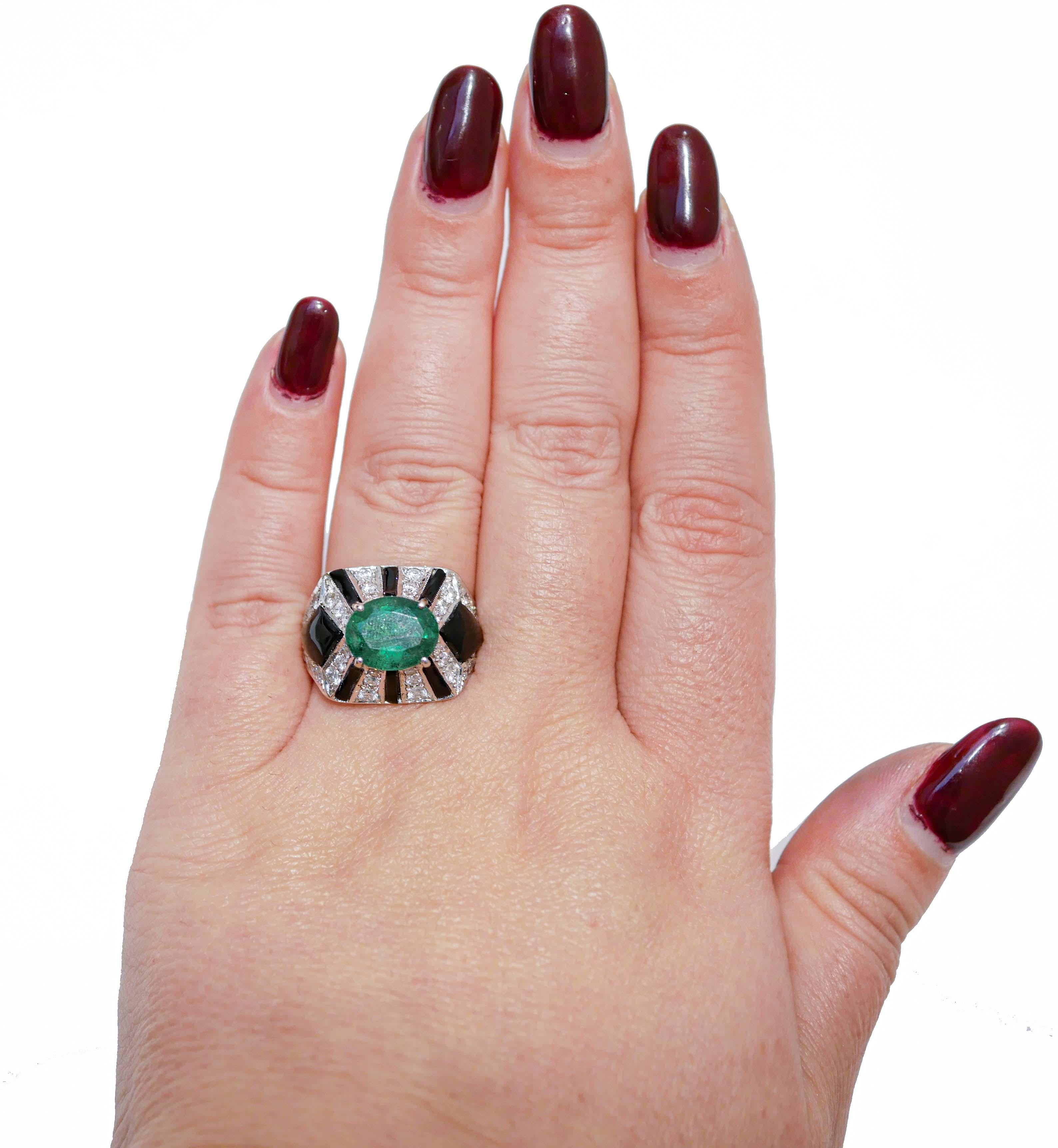 Mixed Cut Emeralds, Diamonds, Onyx, 14 Karat White Gold Ring. For Sale