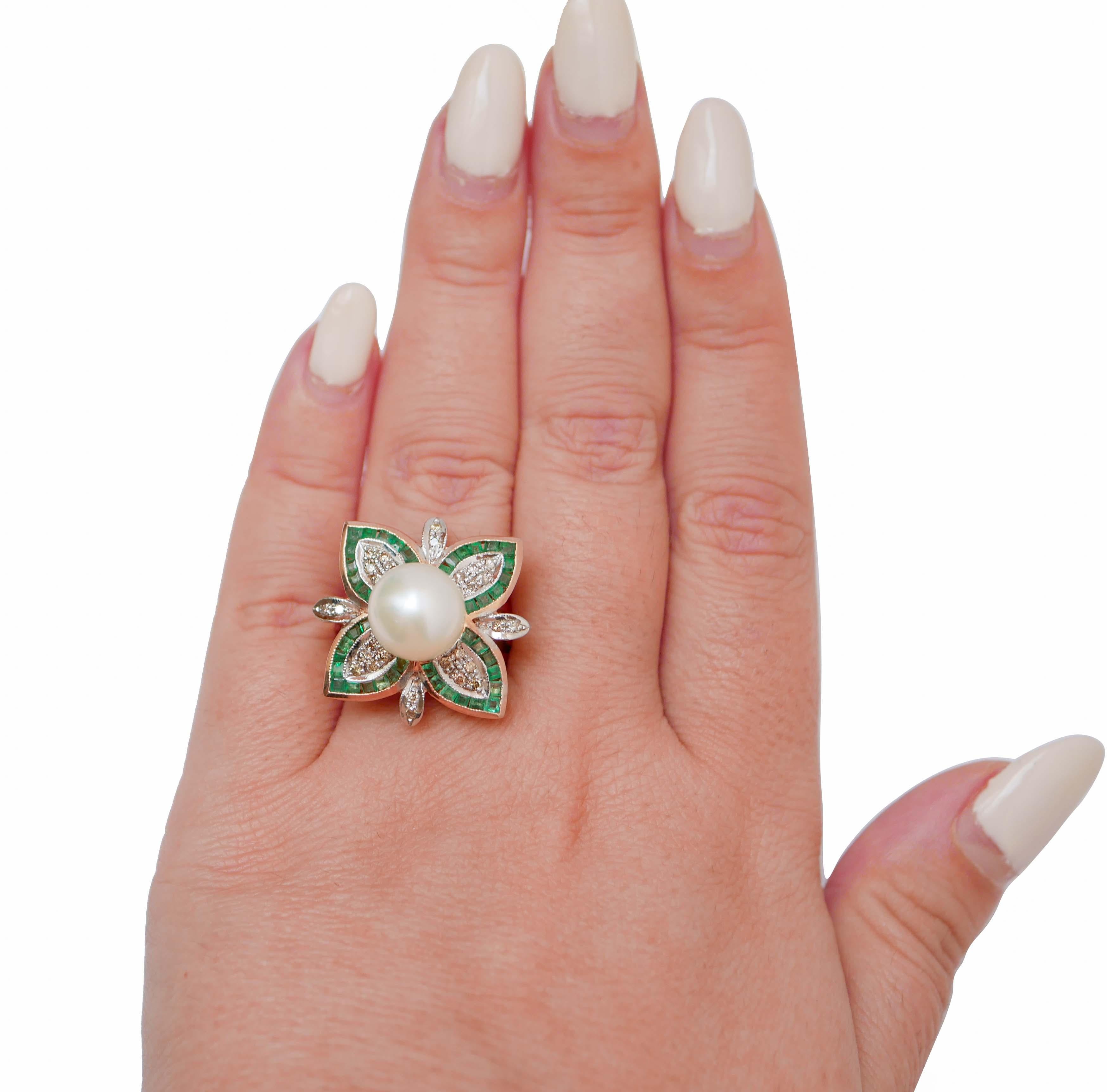Mixed Cut Emeralds, Diamonds, Pearl, Rose Gold and Silver Retrò Ring For Sale