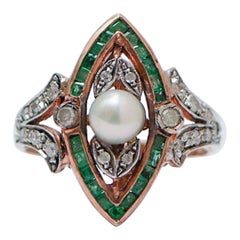 Emeralds, Diamonds, Pearl, Rose Gold and Silver Ring.