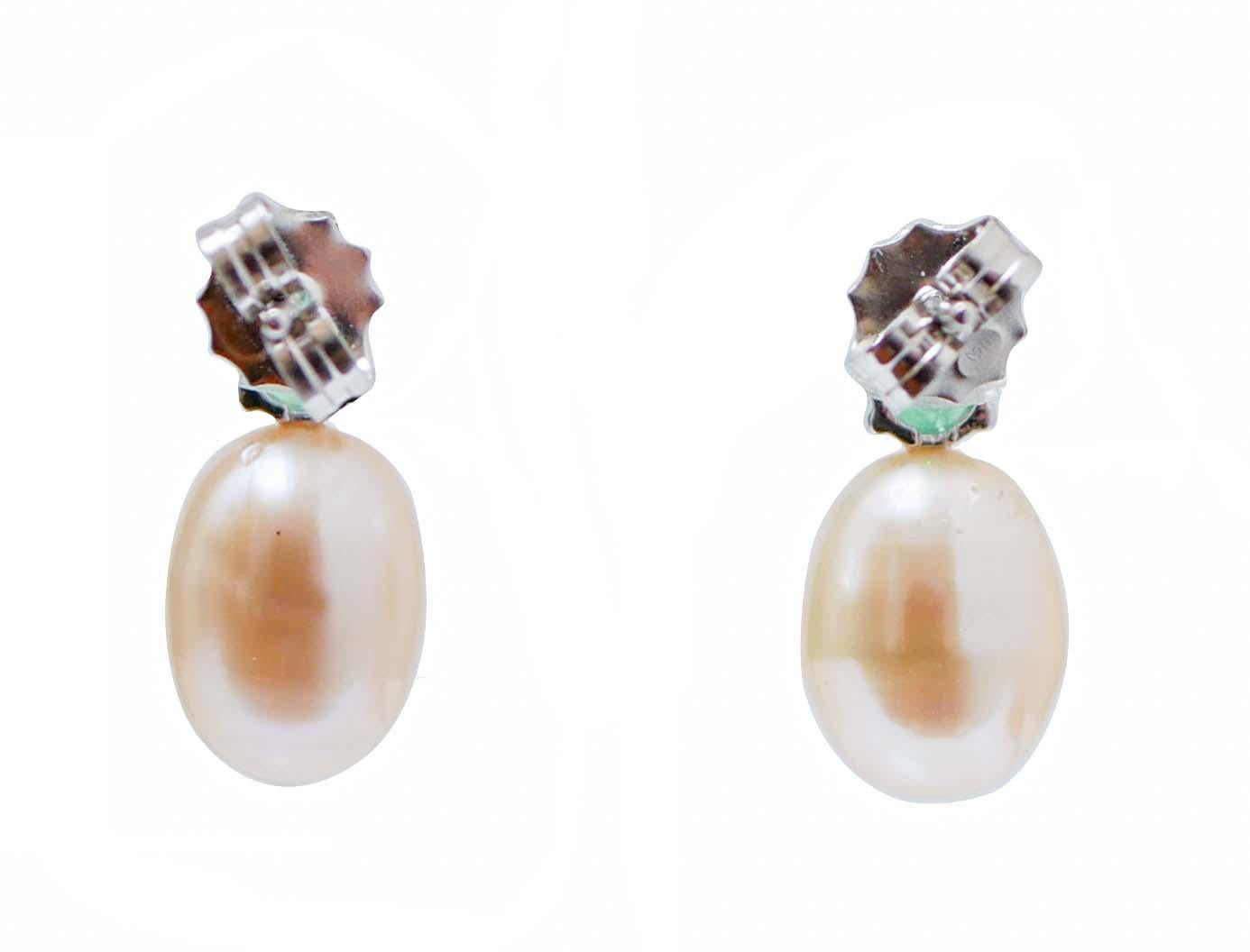 Retro Emeralds, Diamonds, Pearls, 18 Karat White Gold Earrings. For Sale