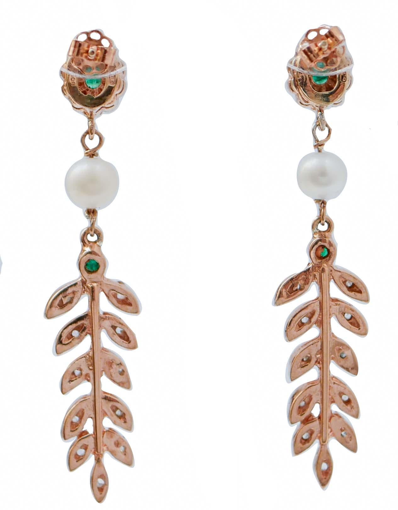 Retro Emeralds, Diamonds, Pearls, Rose Gold and Silver Earrings. For Sale