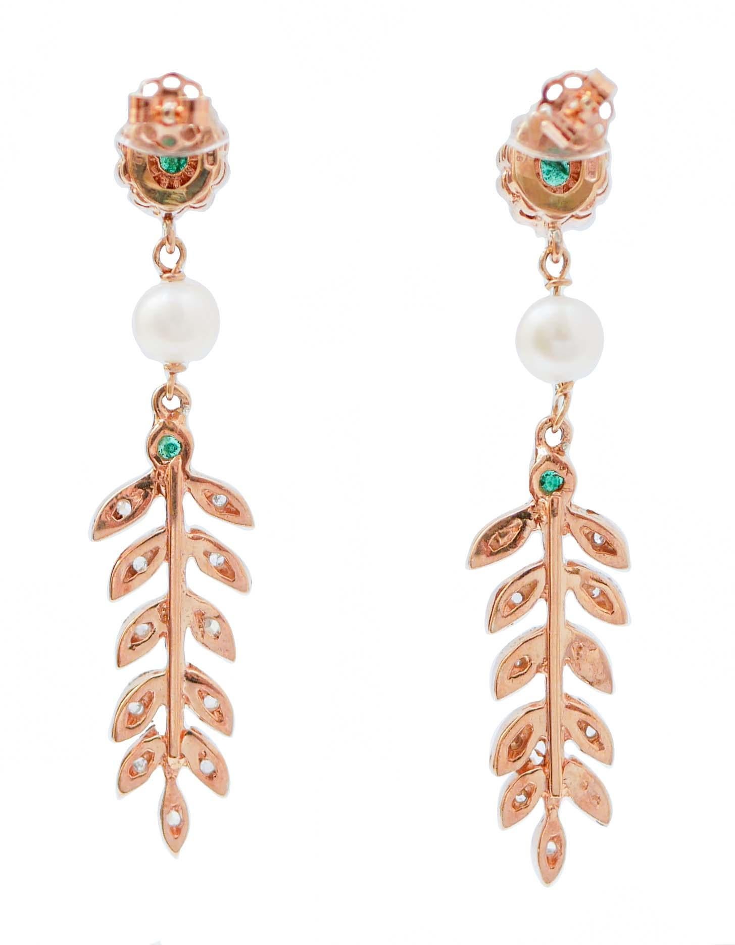 Retro Emeralds, Diamonds, Pearls, Rose Gold and Silver Earrings.