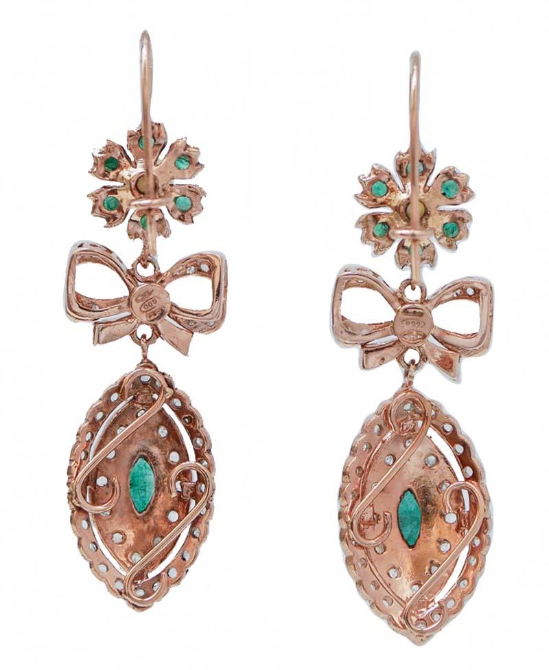Rétro Boucles d'oreilles en argent, émeraudes, diamants, perles, or rose en vente