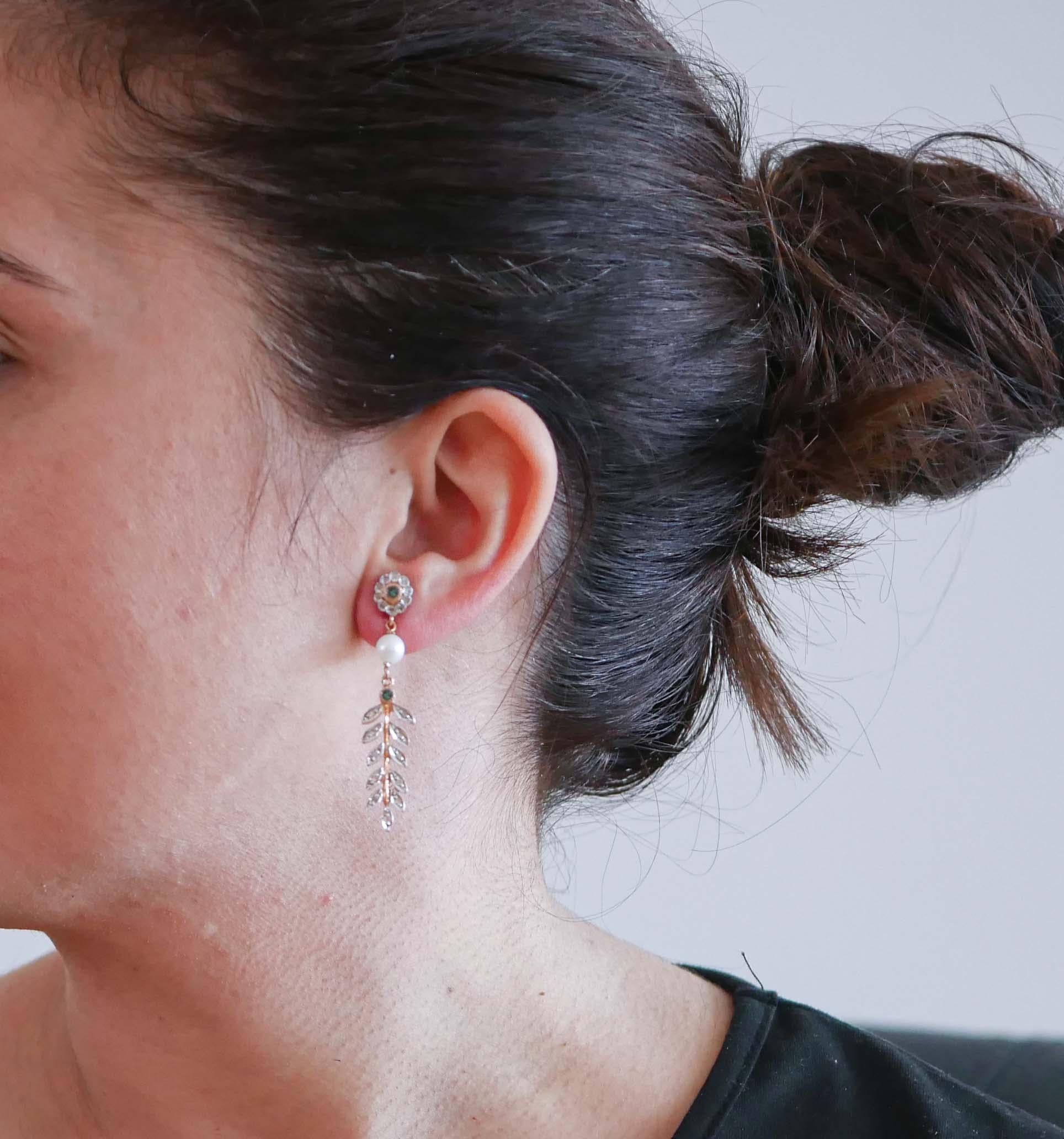 Mixed Cut Emeralds, Diamonds, Pearls, Rose Gold and Silver Earrings.