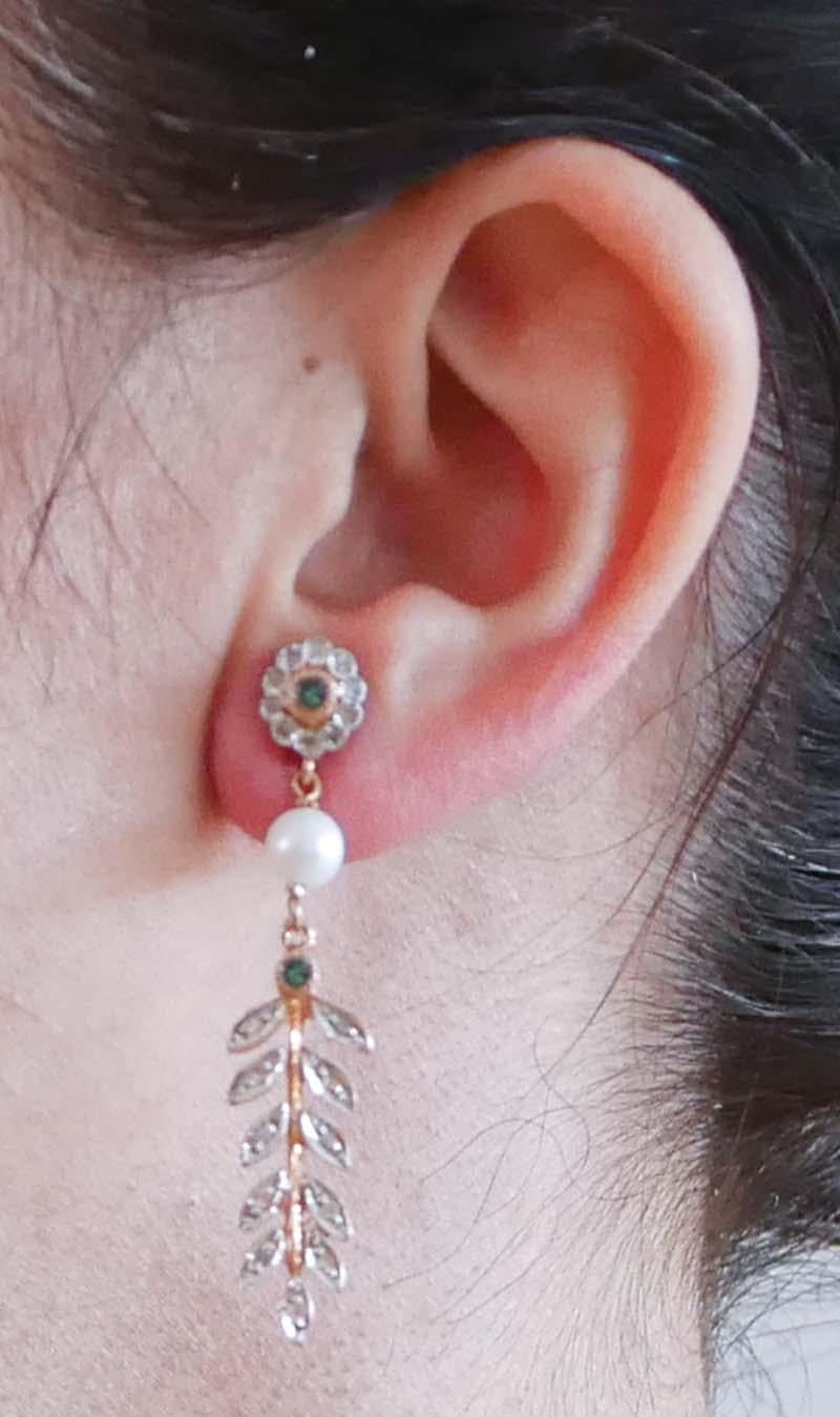 Emeralds, Diamonds, Pearls, Rose Gold and Silver Earrings. In Good Condition In Marcianise, Marcianise (CE)