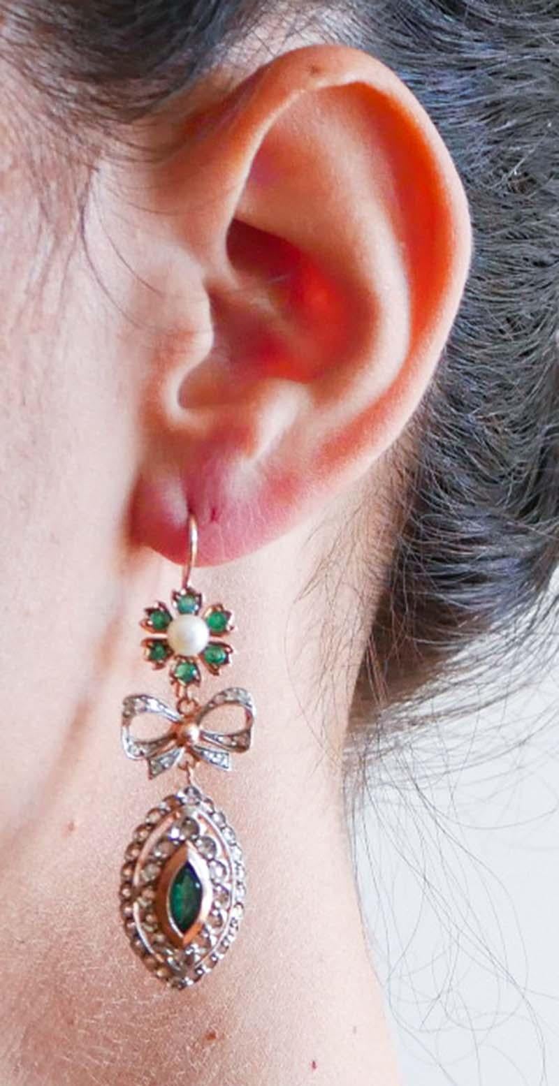 Boucles d'oreilles en argent, émeraudes, diamants, perles, or rose Bon état - En vente à Marcianise, Marcianise (CE)
