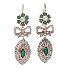Vintage Emeralds, Diamonds, Pearls, Rose Gold and Silver Earrings.