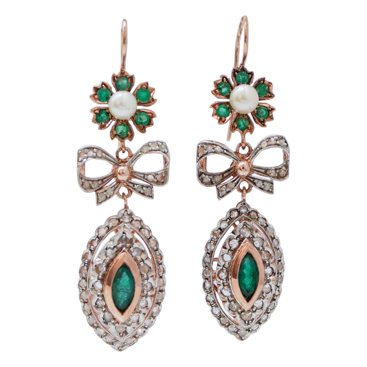Boucles d'oreilles en argent, émeraudes, diamants, perles, or rose