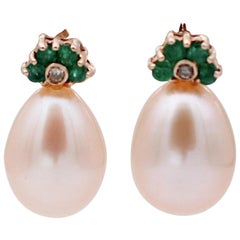 Emeralds, Diamonds, Pink Pearls, 14 Karat Rose Gold Drop Earrings