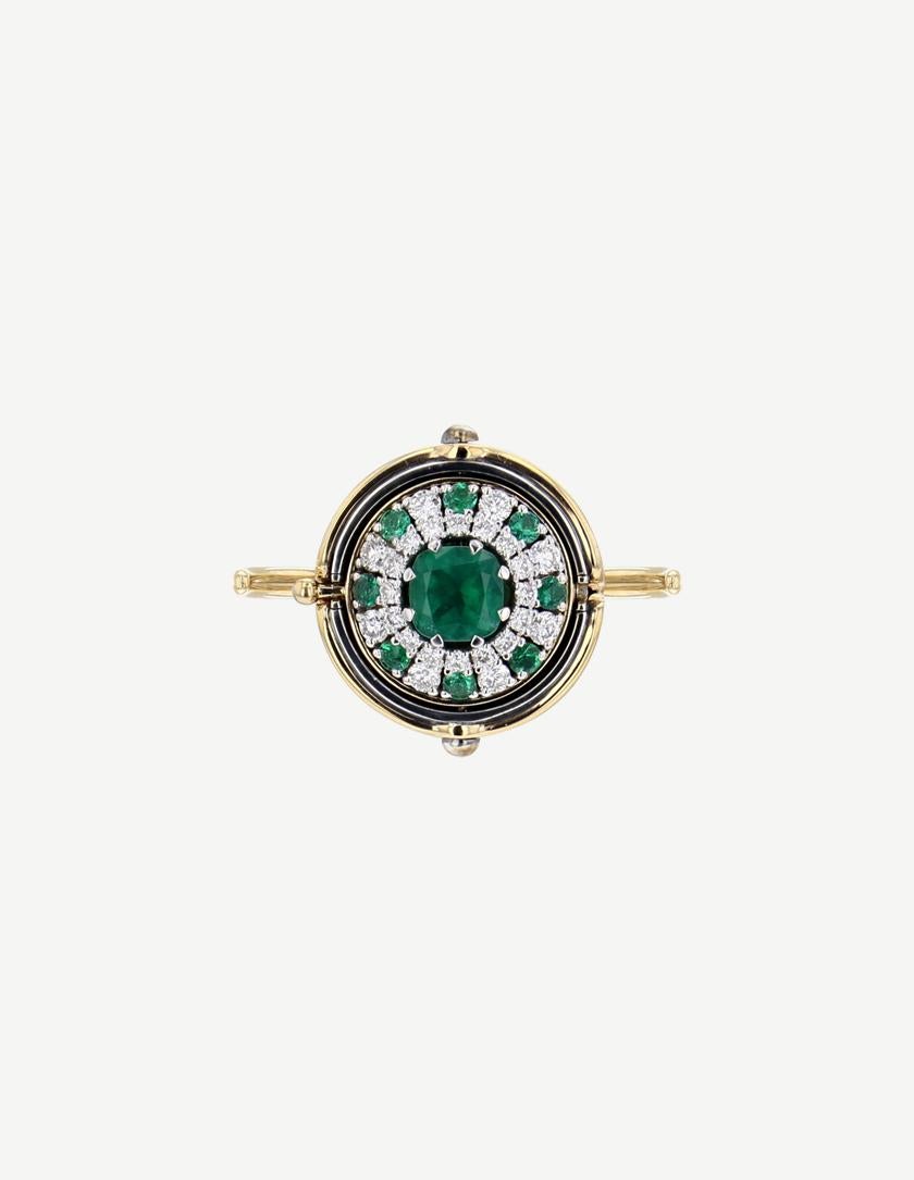 Neoclassical Emeralds Diamonds Pluton Double Ring in 18K Yellow Gold by Elie Top