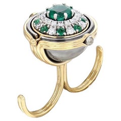 Emeralds Diamonds Pluton Double Ring in 18K Yellow Gold by Elie Top