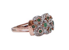Emeralds, Diamonds, Rise Gold and Silver Band Ring.