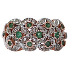 Emeralds, Diamonds, Rise Gold and Silver Band Ring.