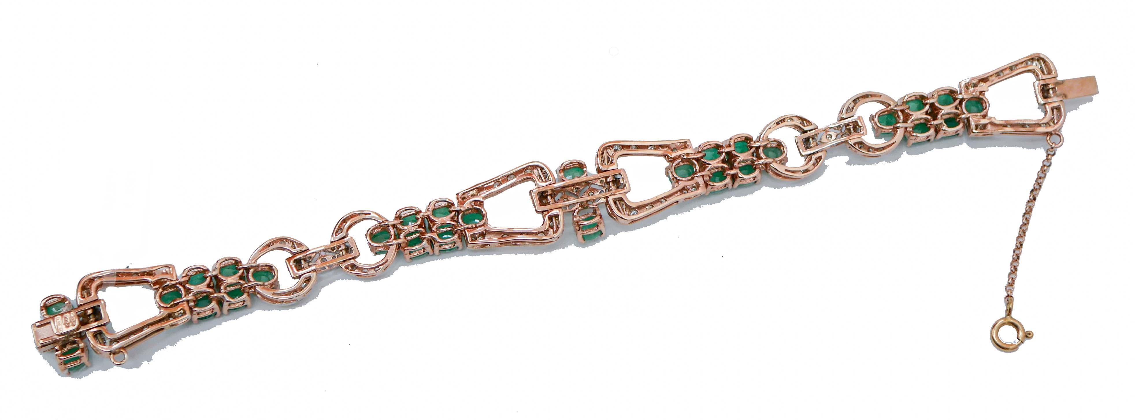 Retro Emeralds, Diamonds, Rose Gold and Silver Bracelet. For Sale