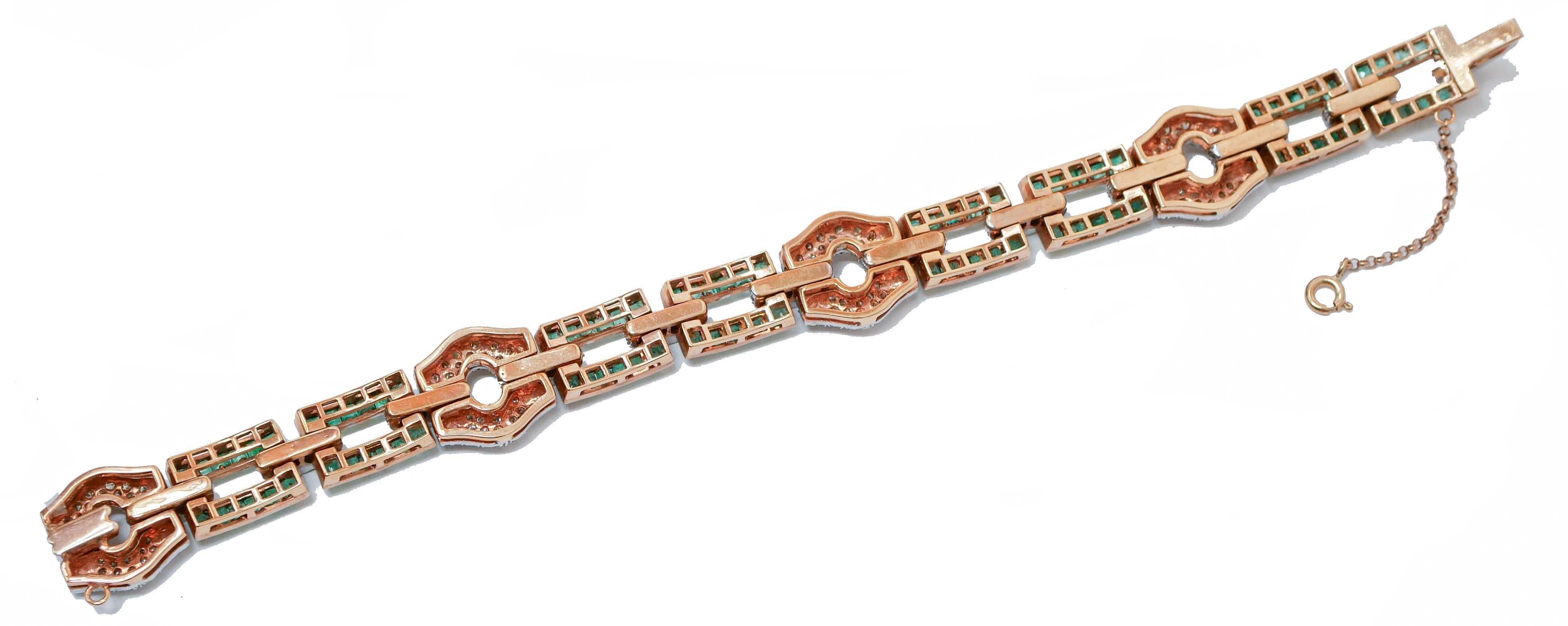 Retro Emeralds, Diamonds, Rose Gold and Silver Bracelet.