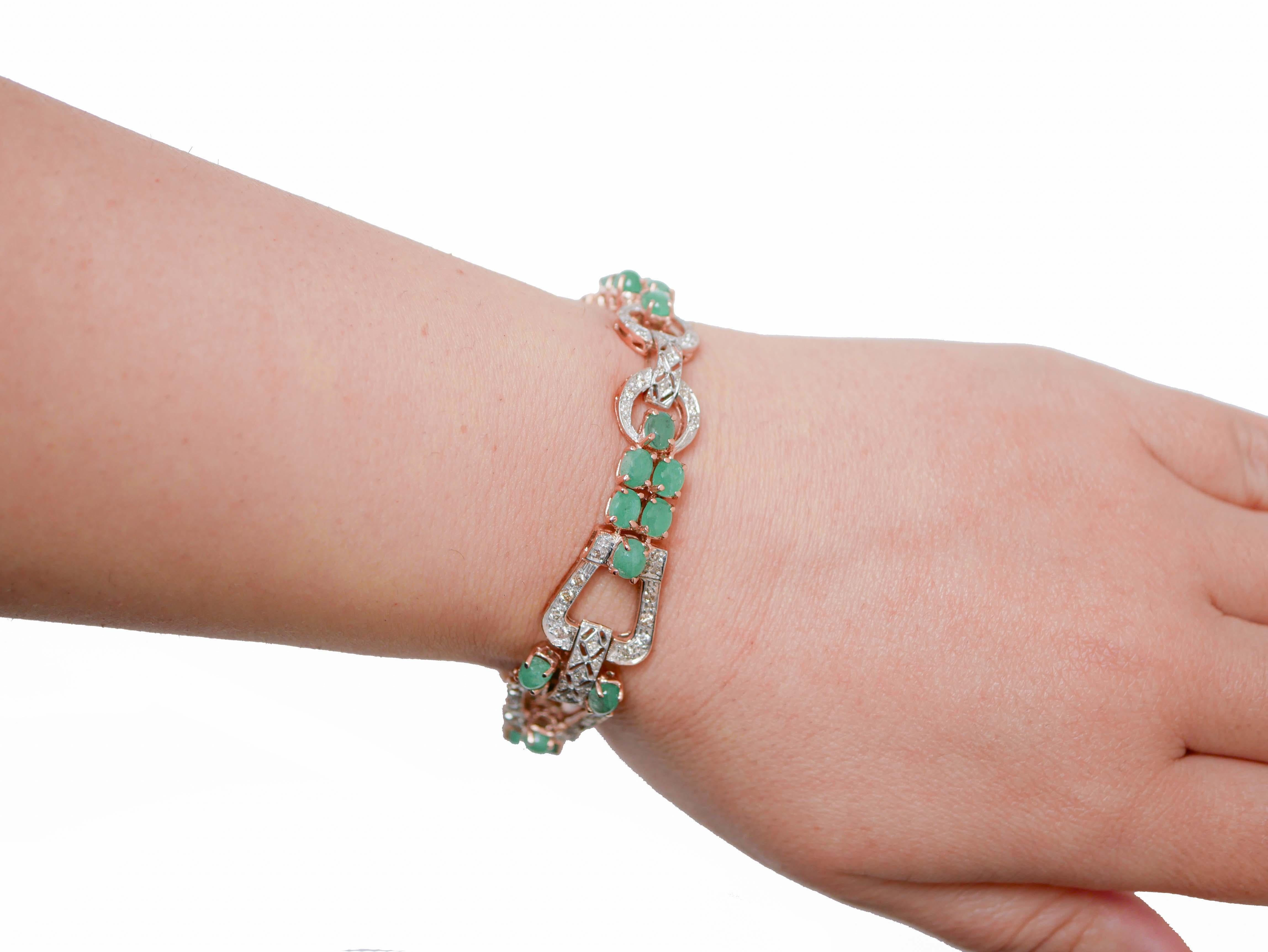 Mixed Cut Emeralds, Diamonds, Rose Gold and Silver Bracelet. For Sale