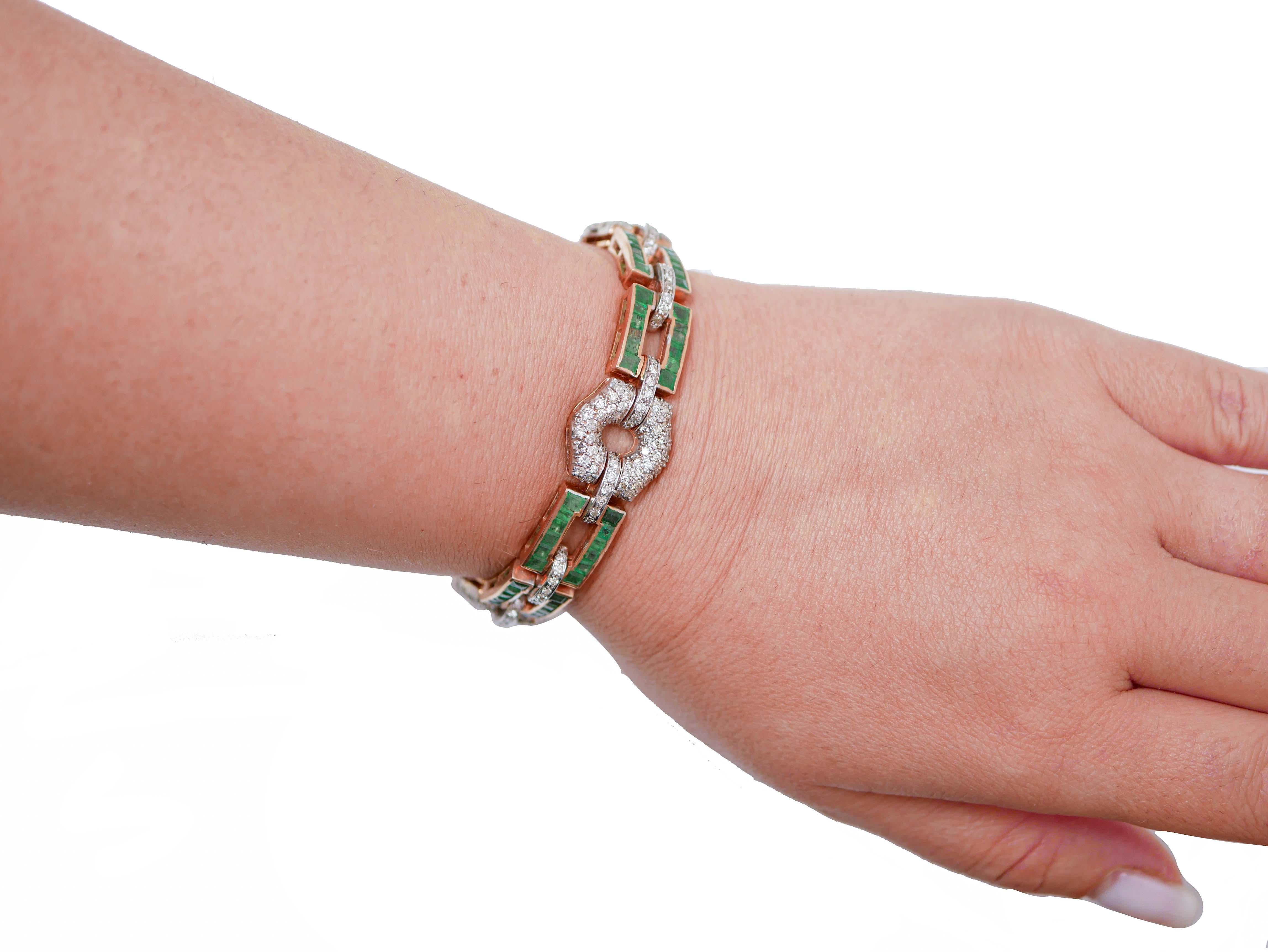 Mixed Cut Emeralds, Diamonds, Rose Gold and Silver Bracelet.