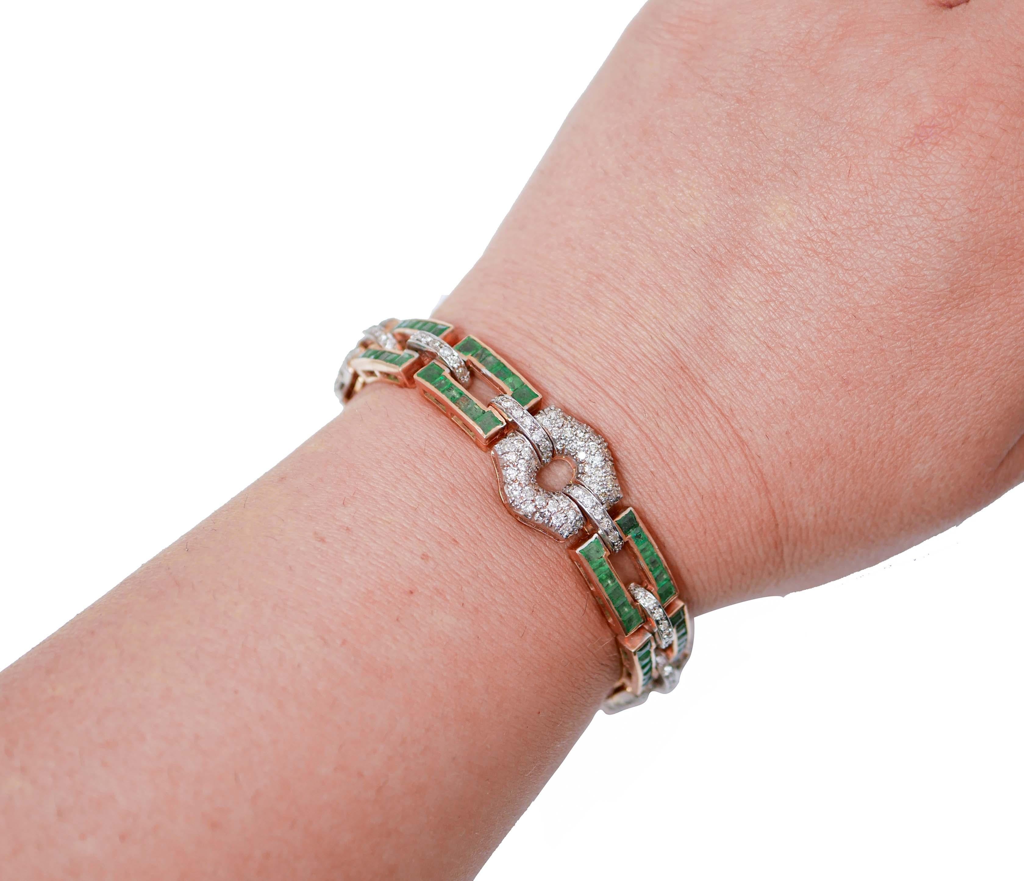 Emeralds, Diamonds, Rose Gold and Silver Bracelet. In Good Condition In Marcianise, Marcianise (CE)