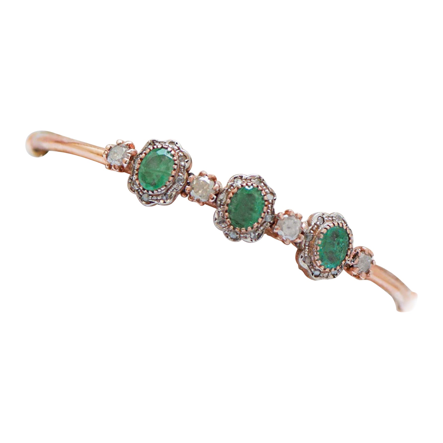 Emeralds, Diamonds, Rose Gold and Silver Bracelet. For Sale