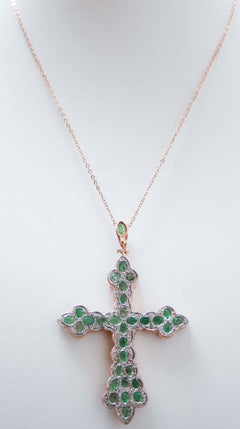 Emeralds, Diamonds, Rose Gold and Silver Cross Pendant Necklace.