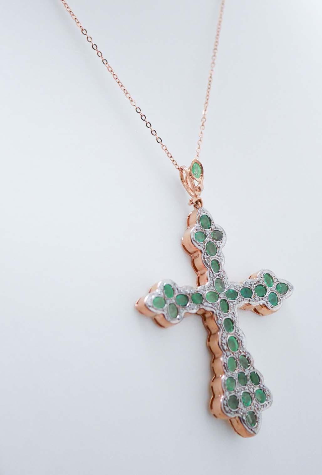 Retro Emeralds, Diamonds, Rose Gold and Silver Cross Pendant Necklace. For Sale