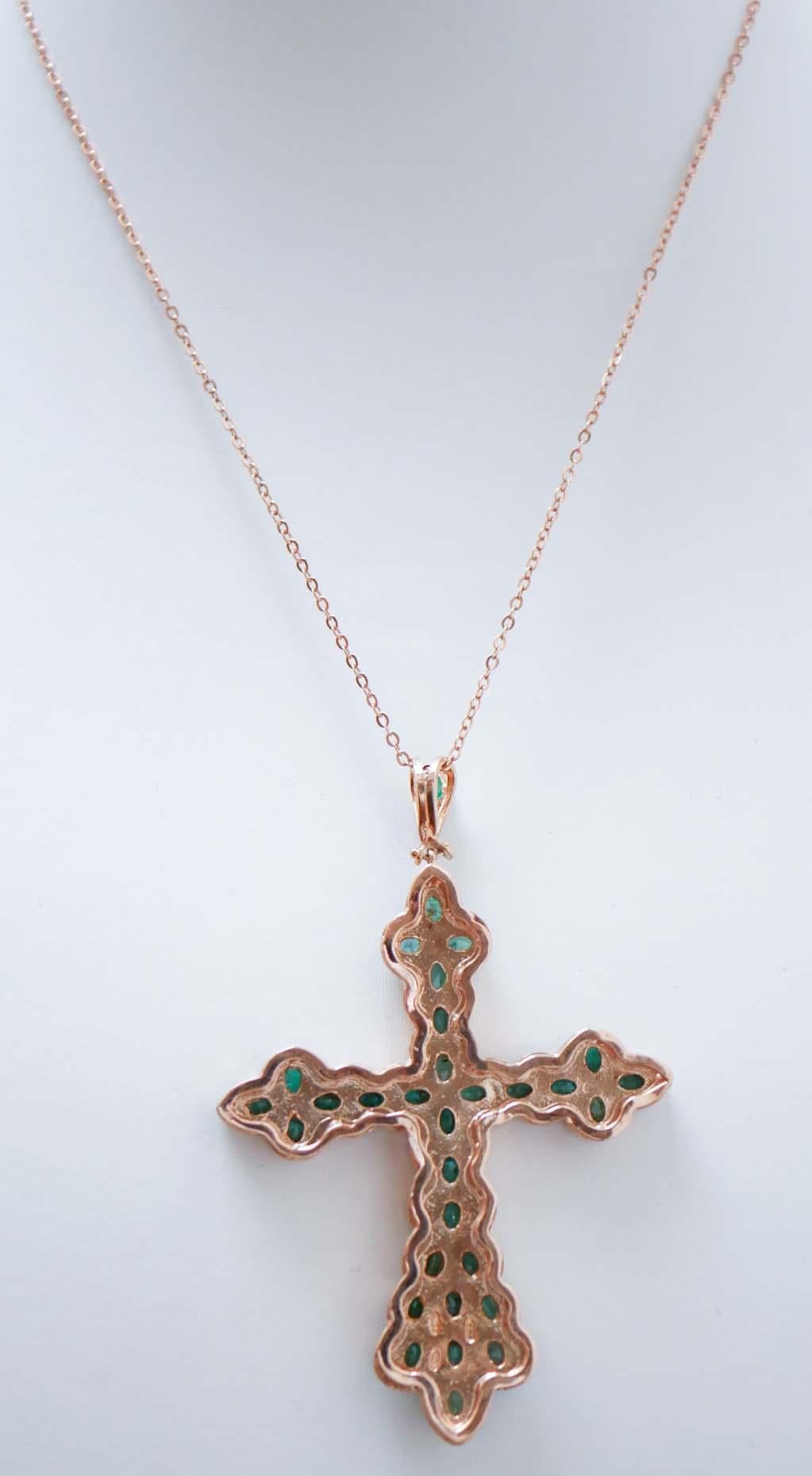 Mixed Cut Emeralds, Diamonds, Rose Gold and Silver Cross Pendant Necklace. For Sale