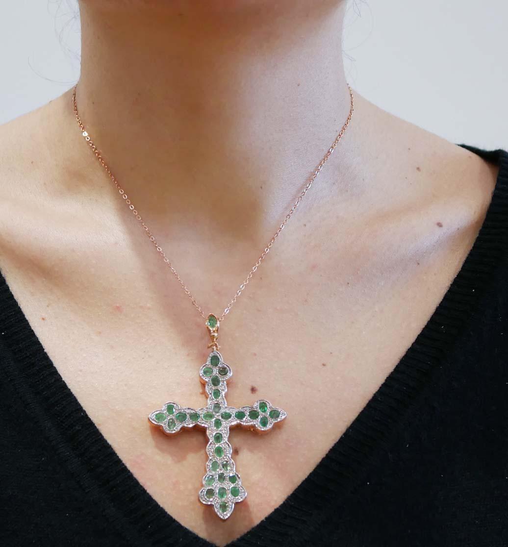Women's Emeralds, Diamonds, Rose Gold and Silver Cross Pendant Necklace. For Sale
