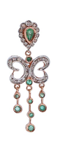 Emeralds, Diamonds, Rose Gold and Silver Earrings.
