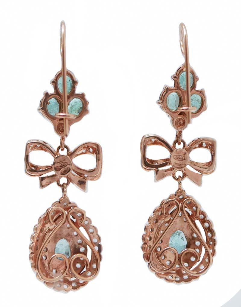 Retro Emeralds, Diamonds, Rose Gold and Silver Earrings.