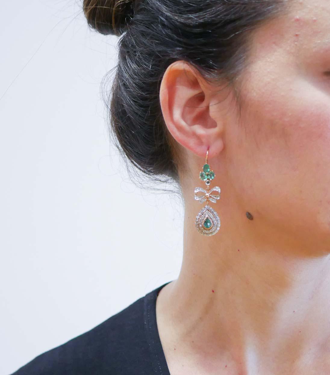Mixed Cut Emeralds, Diamonds, Rose Gold and Silver Earrings.