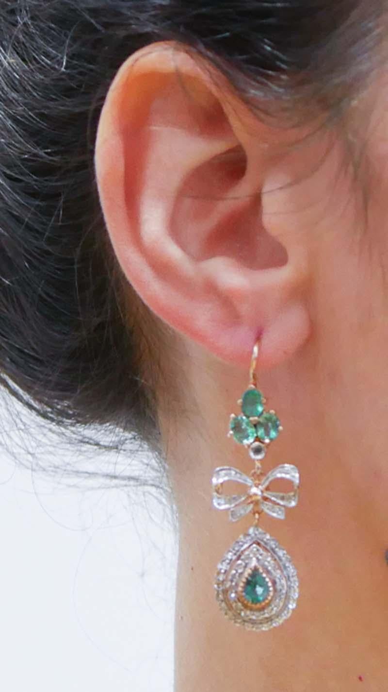 Emeralds, Diamonds, Rose Gold and Silver Earrings. In Good Condition In Marcianise, Marcianise (CE)