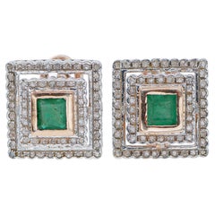 Emeralds, Diamonds, Rose Gold and Silver Earrings