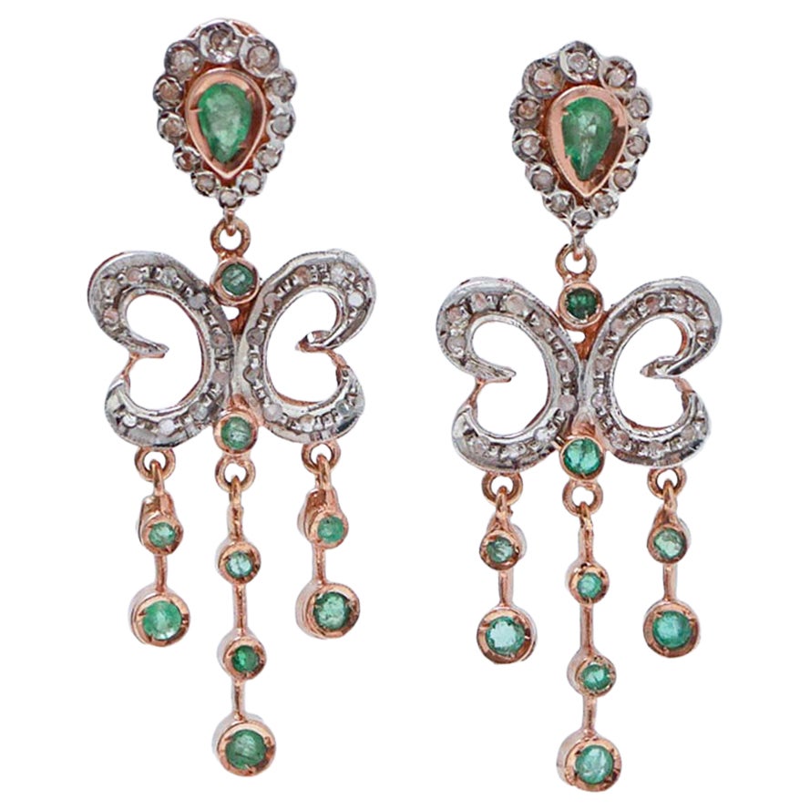 Emeralds, Diamonds, Rose Gold and Silver Earrings.