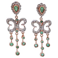 Emeralds, Diamonds, Rose Gold and Silver Earrings.