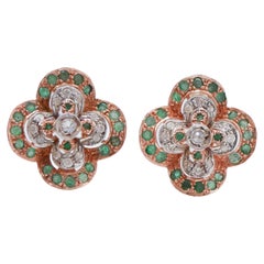Emeralds, Diamonds, Rose Gold and Silver Earrings.