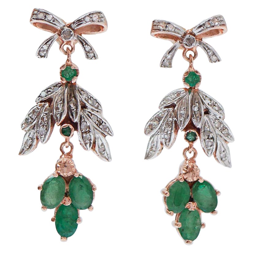 Emeralds, Diamonds, Rose Gold and Silver Earrings.