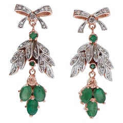 Emeralds, Diamonds, Rose Gold and Silver Earrings.